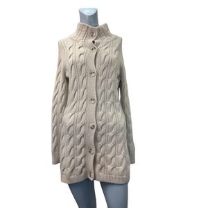 LL BeanM Beige‎ Wool Blend Cardigan Jacket Turtleneck Cable Knit Sweater